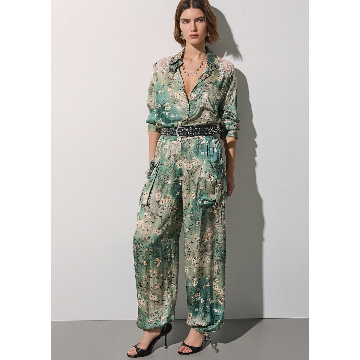 Chemise en satin imprimé bleu clair à fleurs, LIU JO