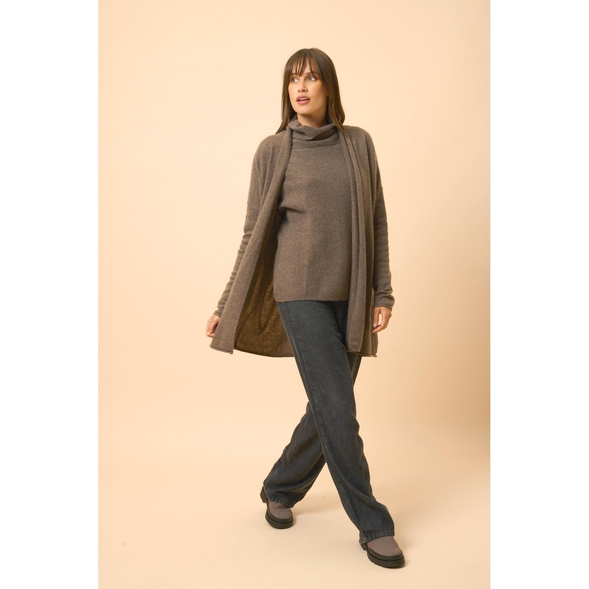 Gilet Long Ouvert Col Châle Taupe Chiné Maddie marron, JUST CASHMERE