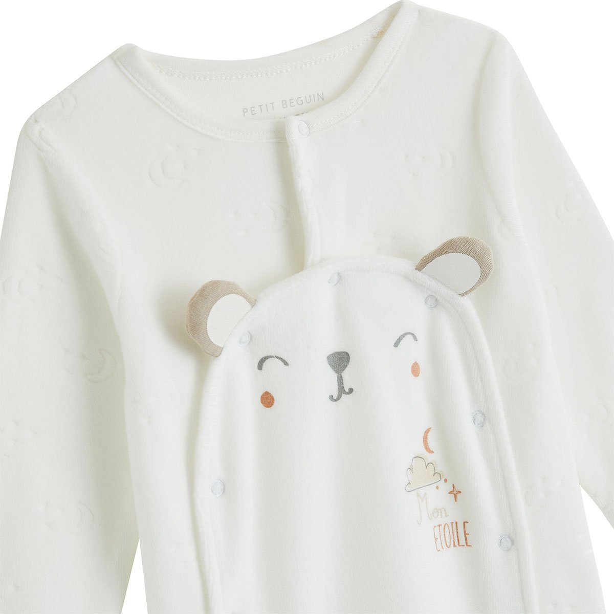 Pyjama bébé en velours ouverture pont Eliah ecru, PETIT BEGUIN
