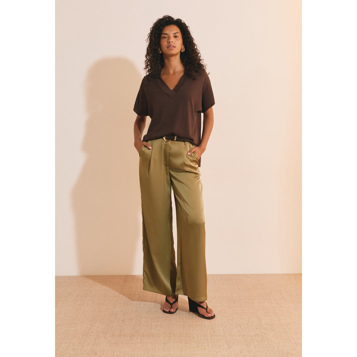Pull manches courtes col polo SONIA POLO chocolat, ETAM