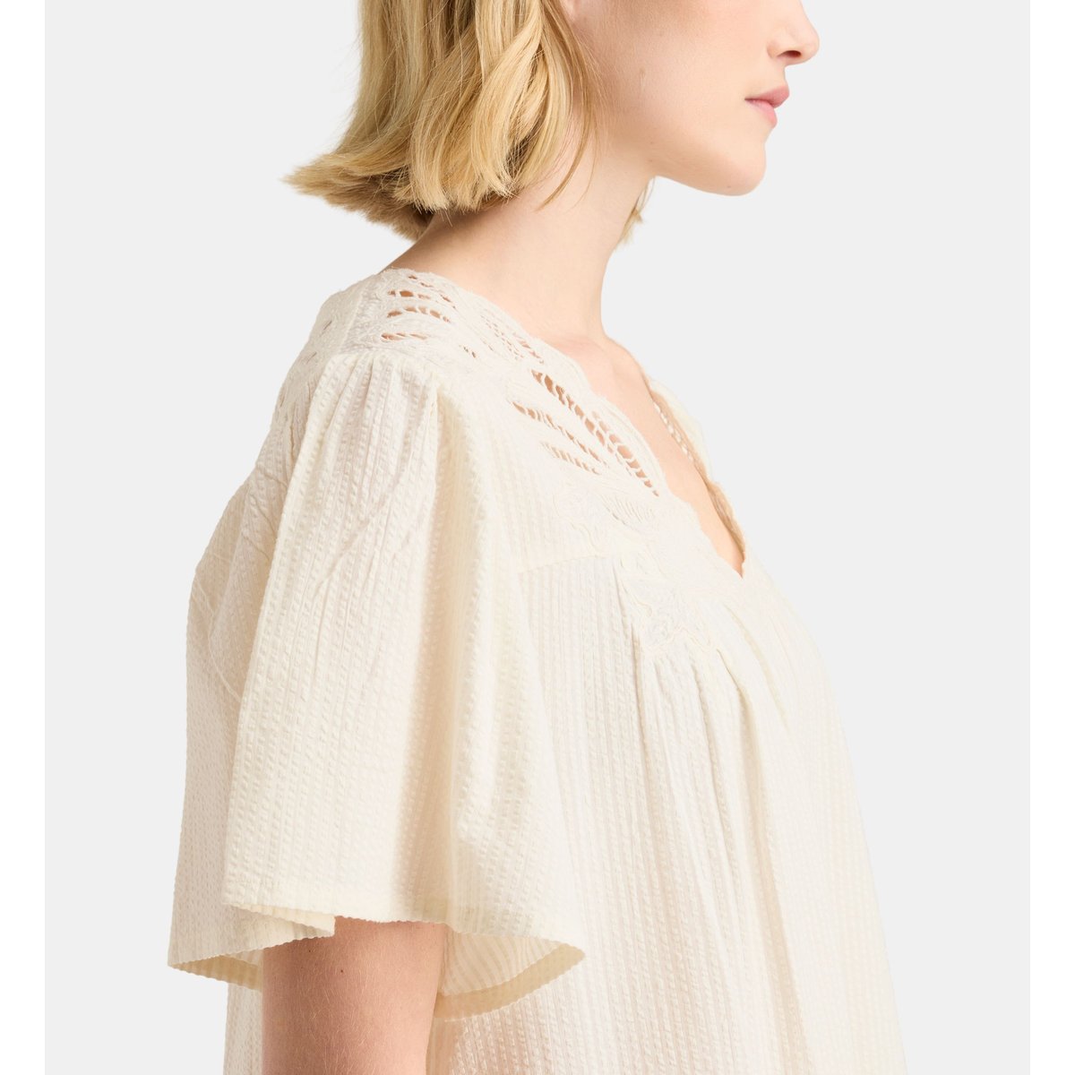 Robe courte évasée dahlia en coton bio seersucker beige clair, GALERIES LAFAYETTE