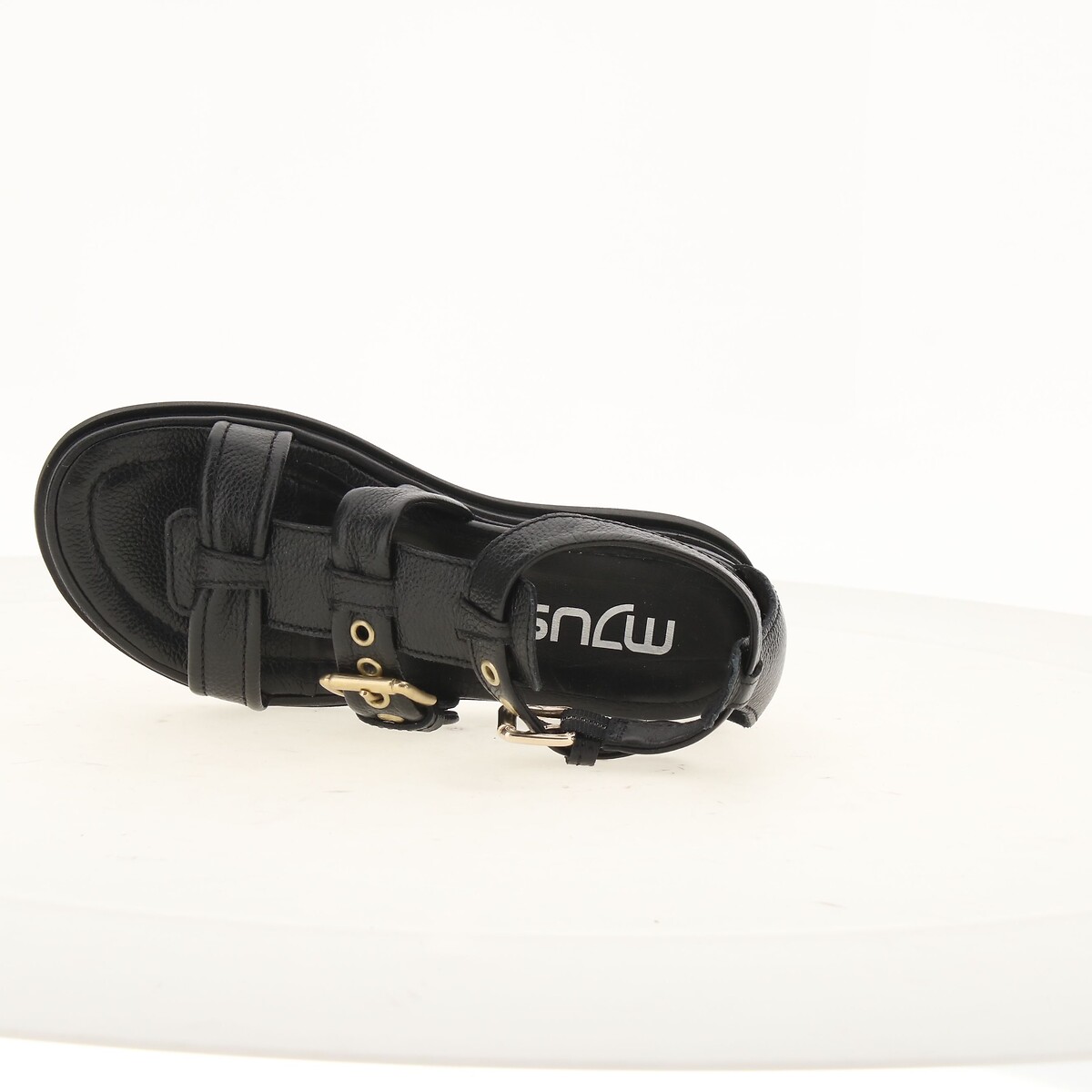 Sandales compensées en cuir noir, MJUS