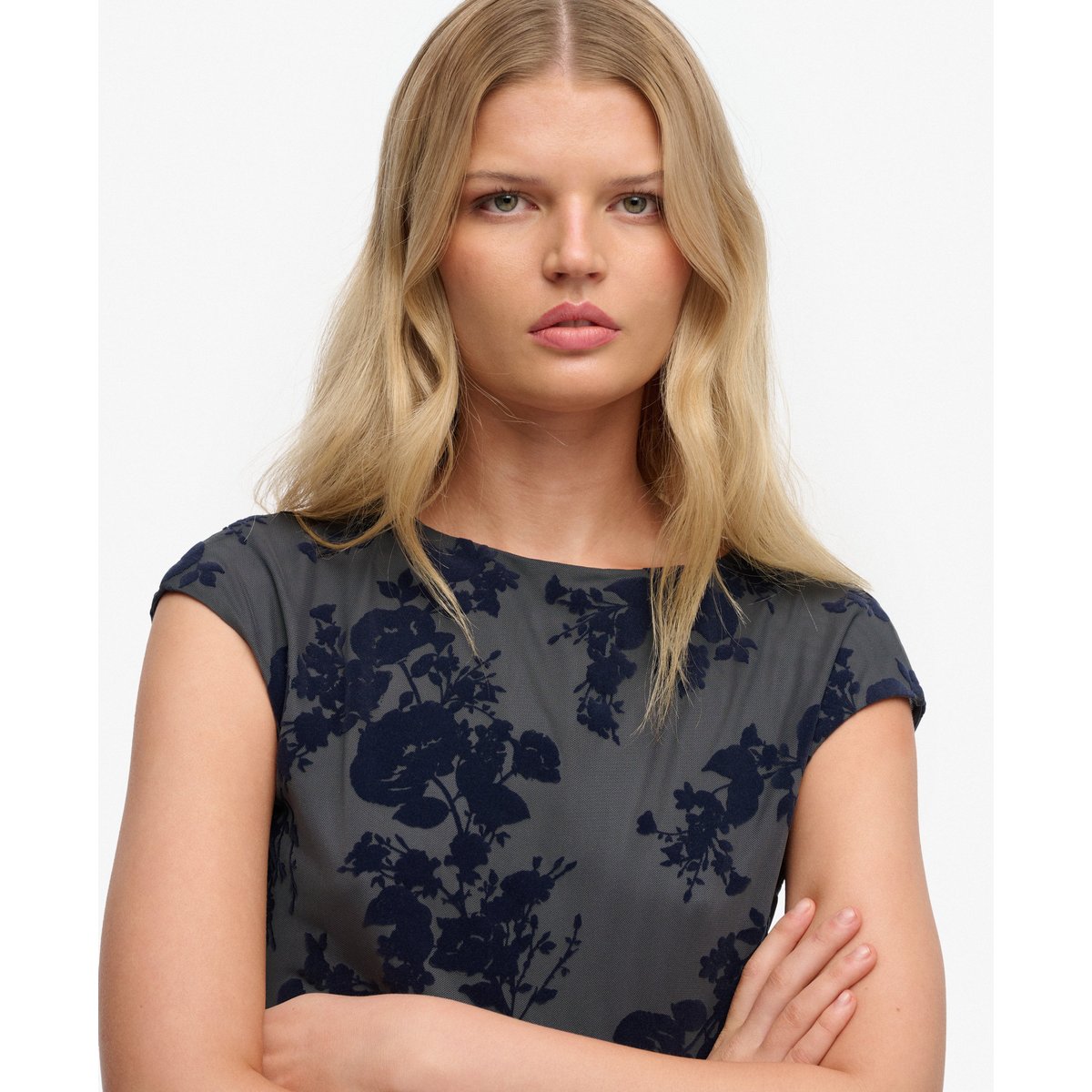 Top à manches courtes en mesh floqué bleu minuit, SUPERDRY