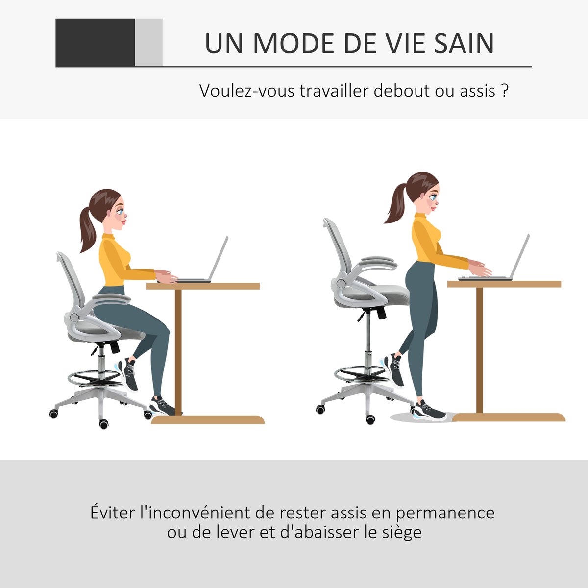 Chaise de bureau pour poste de travail debout gris et blanc, HOMCOM