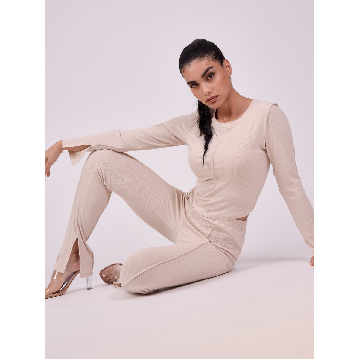 Pantalon moulant coutures apparentes beige, PROJECT X