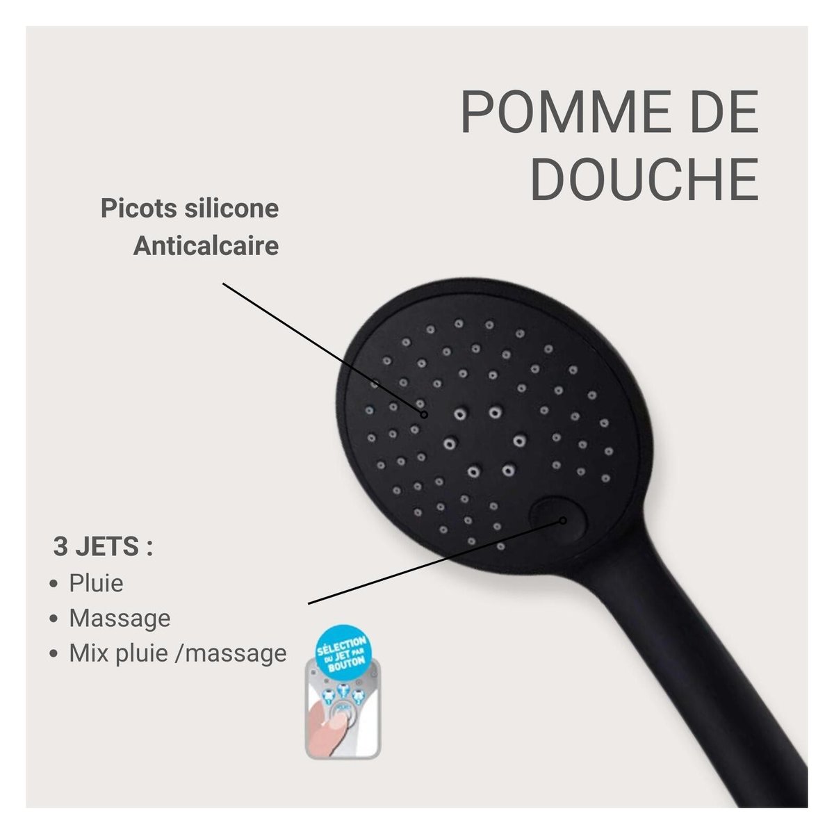 Douchette ronde ABS 3 jets NAYA noir, MOB IN