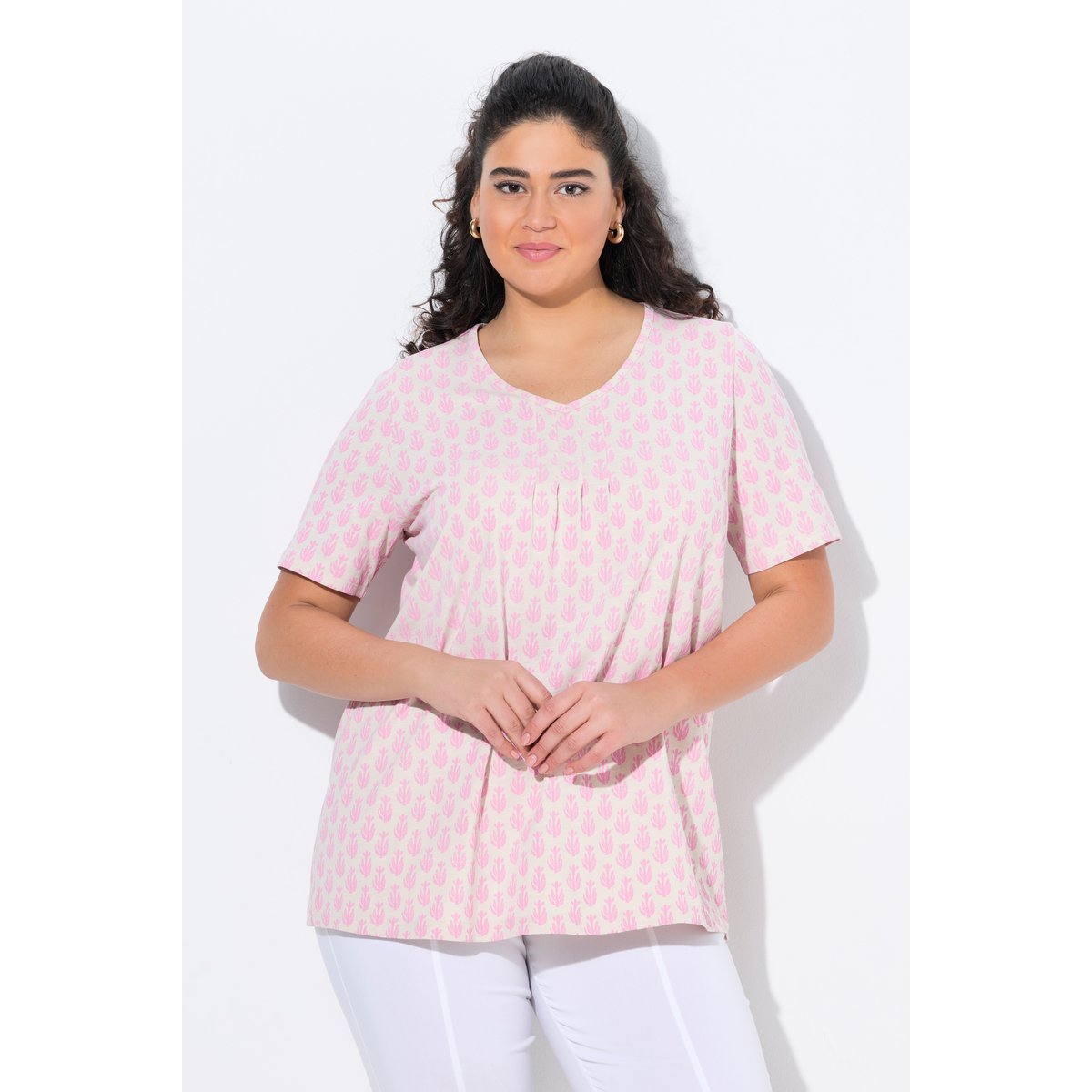 T-shirt, coupe évasée, col V rose, ULLA POPKEN