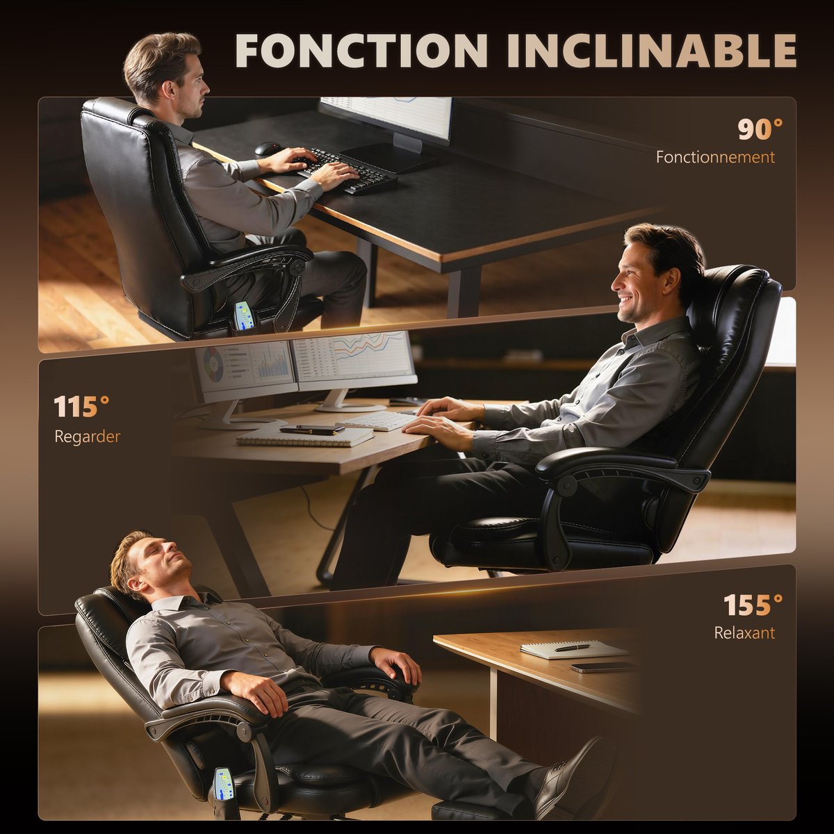 Fauteuil de bureau avec fonction massage noir, HOMCOM