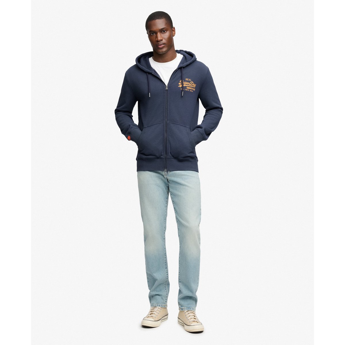 Sweat zippé à capuche Vintage Logo coupe décontractée bleu marine standard, SUPERDRY