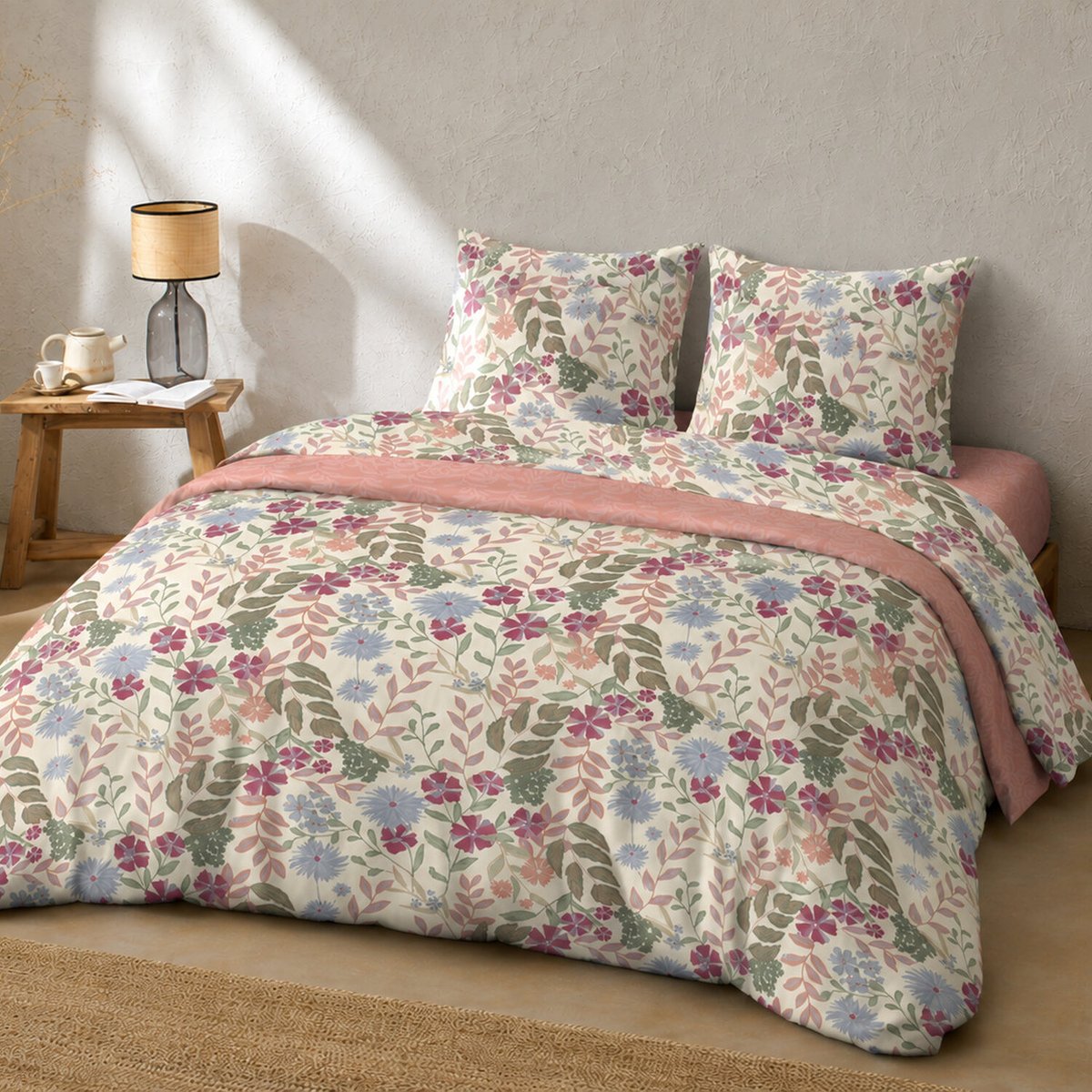 Parure de lit en coton motif floral rose, DALHIA multicolore, C DESIGN HOME TEXTILE