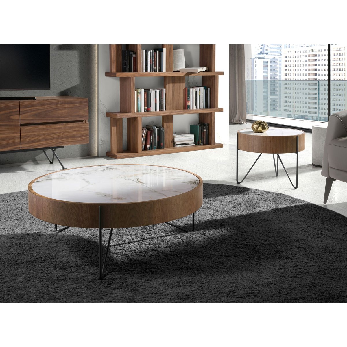 Table basse ronde en marbre porcelaine, noyer et acier noir noyer | blanc | noir, ANGEL CERDA