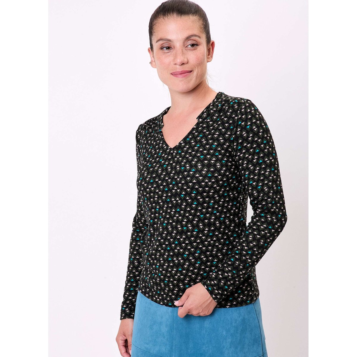 T-shirt imprimé fluide col V maille ORVAR noir turquoise, LA FIANCÉE
