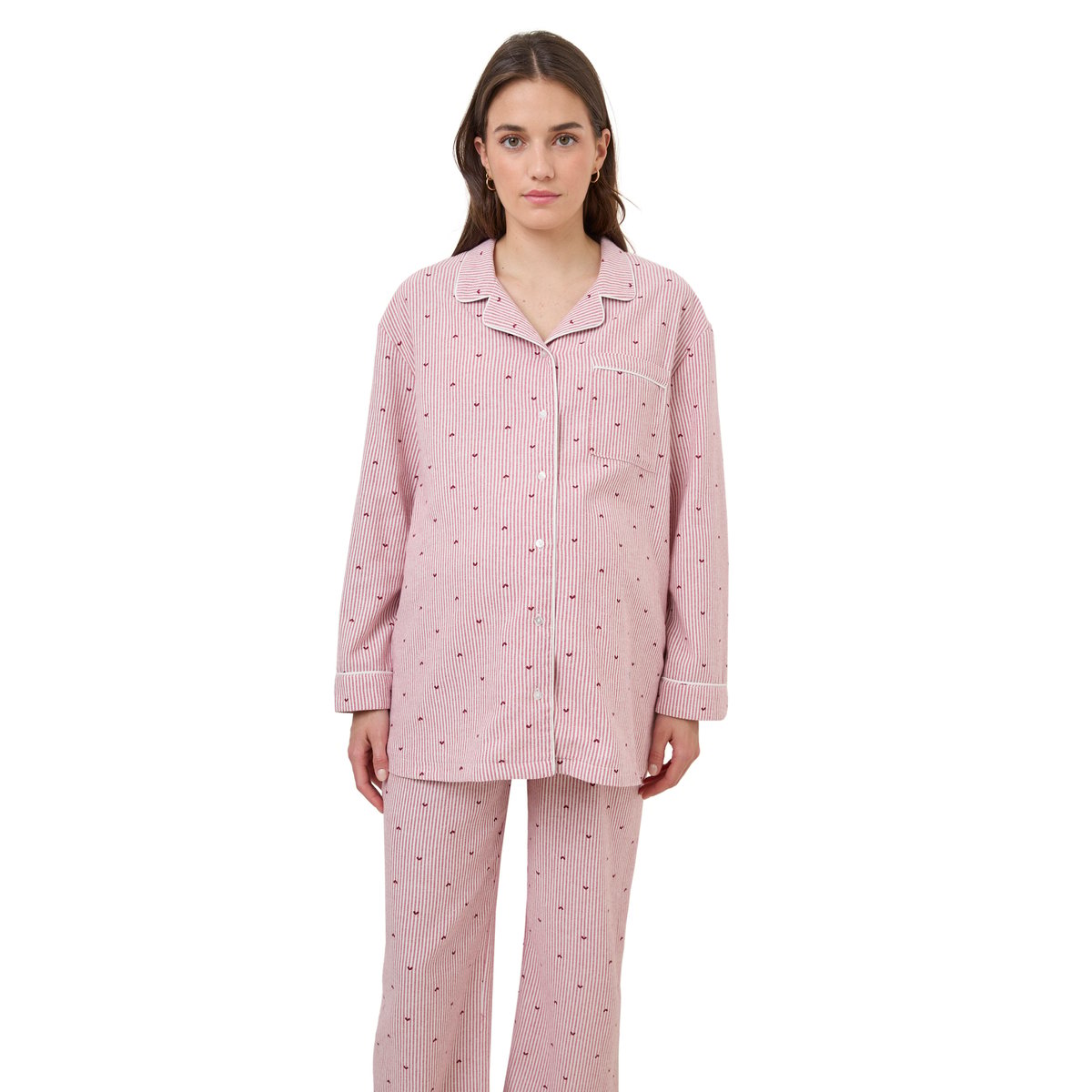 Ensemble 2 pièces pyjama de grossesse en flanelle rayée motifs coeurs rose nude, VERTBAUDET
