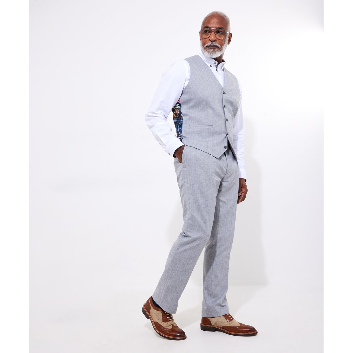 Pantalon Costume Lin Mélangé Chevrons gris, JOE BROWNS