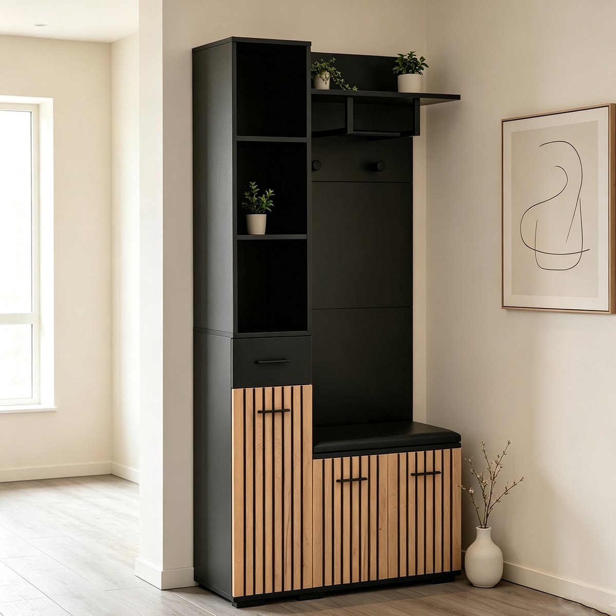 Vestiaire d'entrée avec banc et rangement, PORTER-M noir, MEUBLES COSY