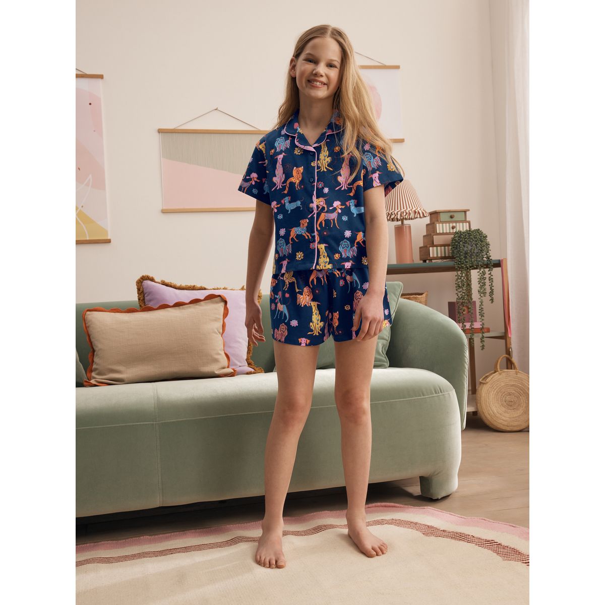 Pyjama short boutonné chien bleu marine, NEXT
