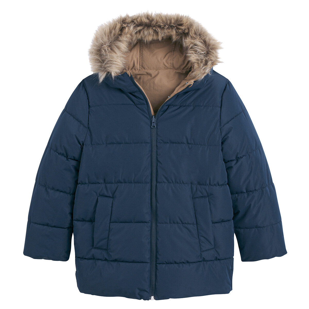 Reversible Parka with Faux Fur-Trimmed Hood camel/navy , LA REDOUTE COLLECTIONS