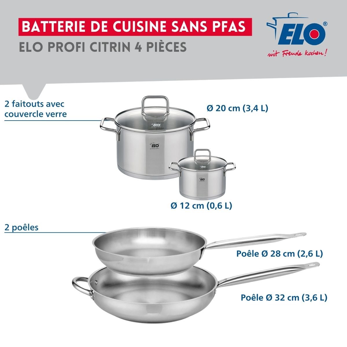 Batterie 2 poêles 28/32cm + 2 faitouts 12/20cm PROFI CITRIN inox, ELO