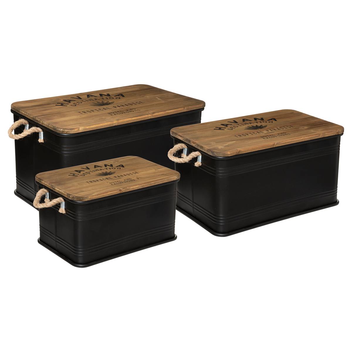 Set de 3 malles de rangement métal et bois LEONIE noir, ATMOSPHERA