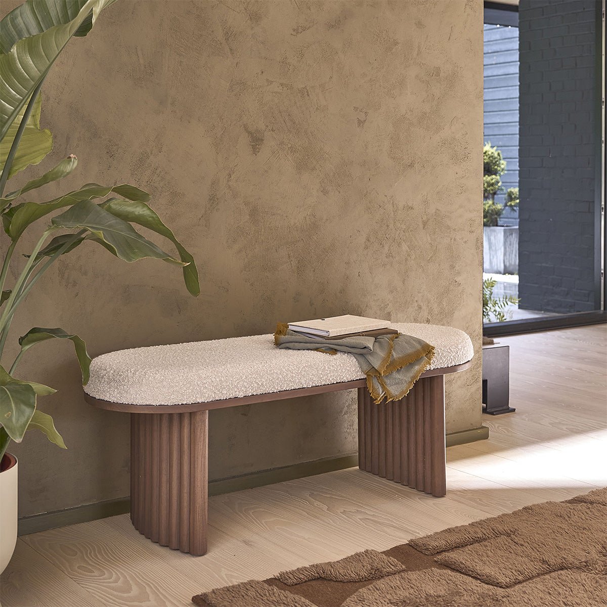 Banc en bois massif et tissu bouclette 120 cm MARLOW marron, BERAH GETAH