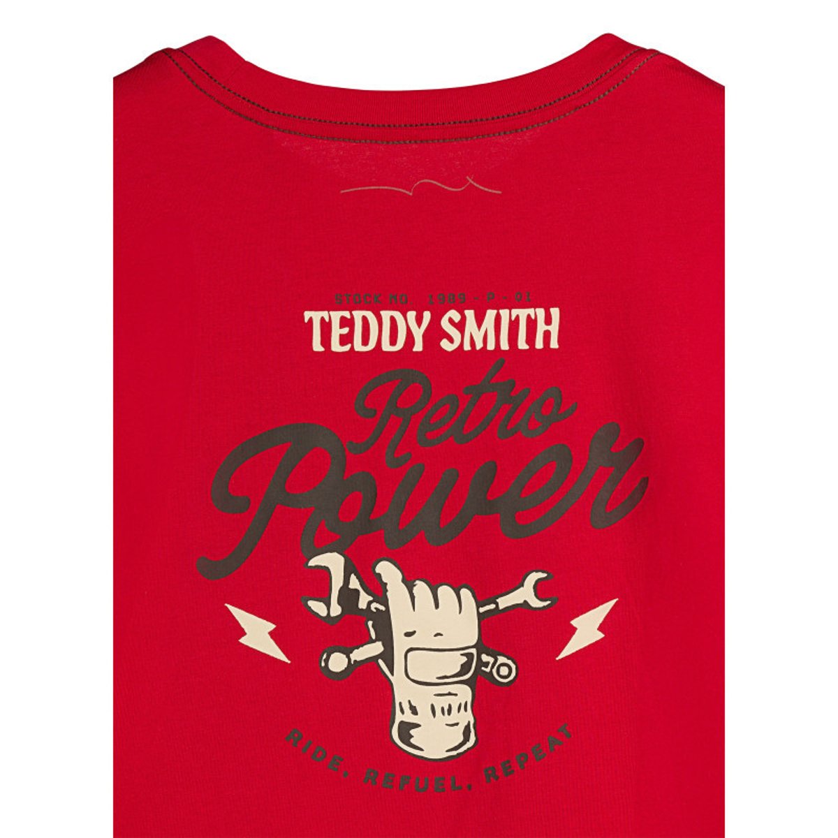 T-shirt en coton rouge imprimé à la poitrine et au dos avec un col rond rouge, TEDDY SMITH