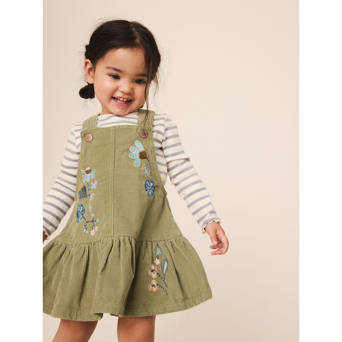Robe salopette velours/haut manches longues vert olive, NEXT