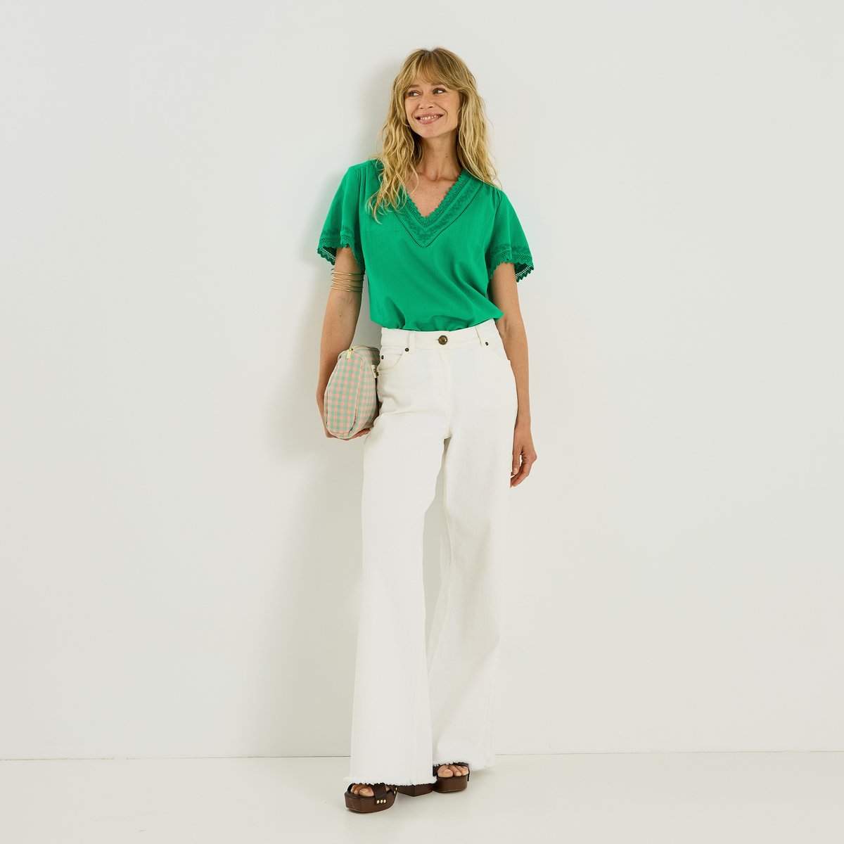 Blouse col V détails ajourés vert, GRAIN DE MALICE