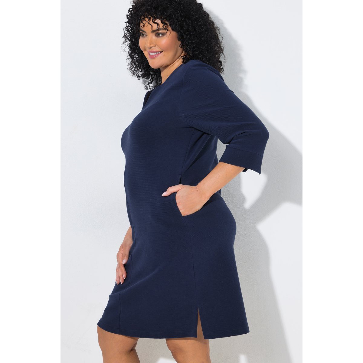 Robe texturée, col tunisien et manches 3/4 marine, ULLA POPKEN