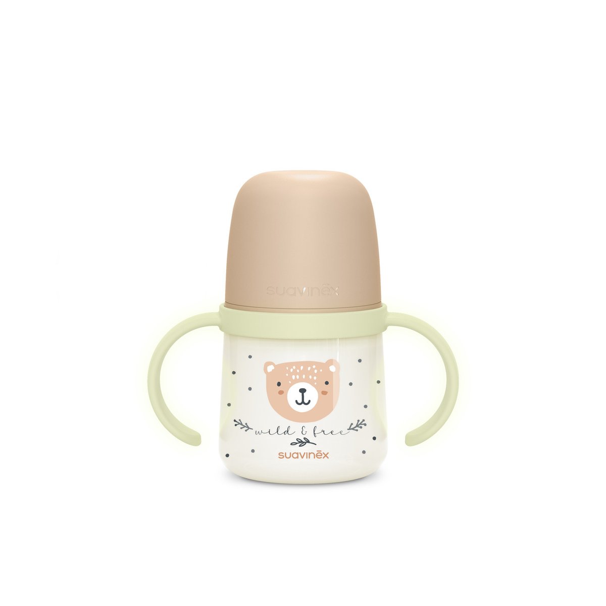 Biberon à anses phosphorescentes +6mois 150ml wild & free marron, SUAVINEX