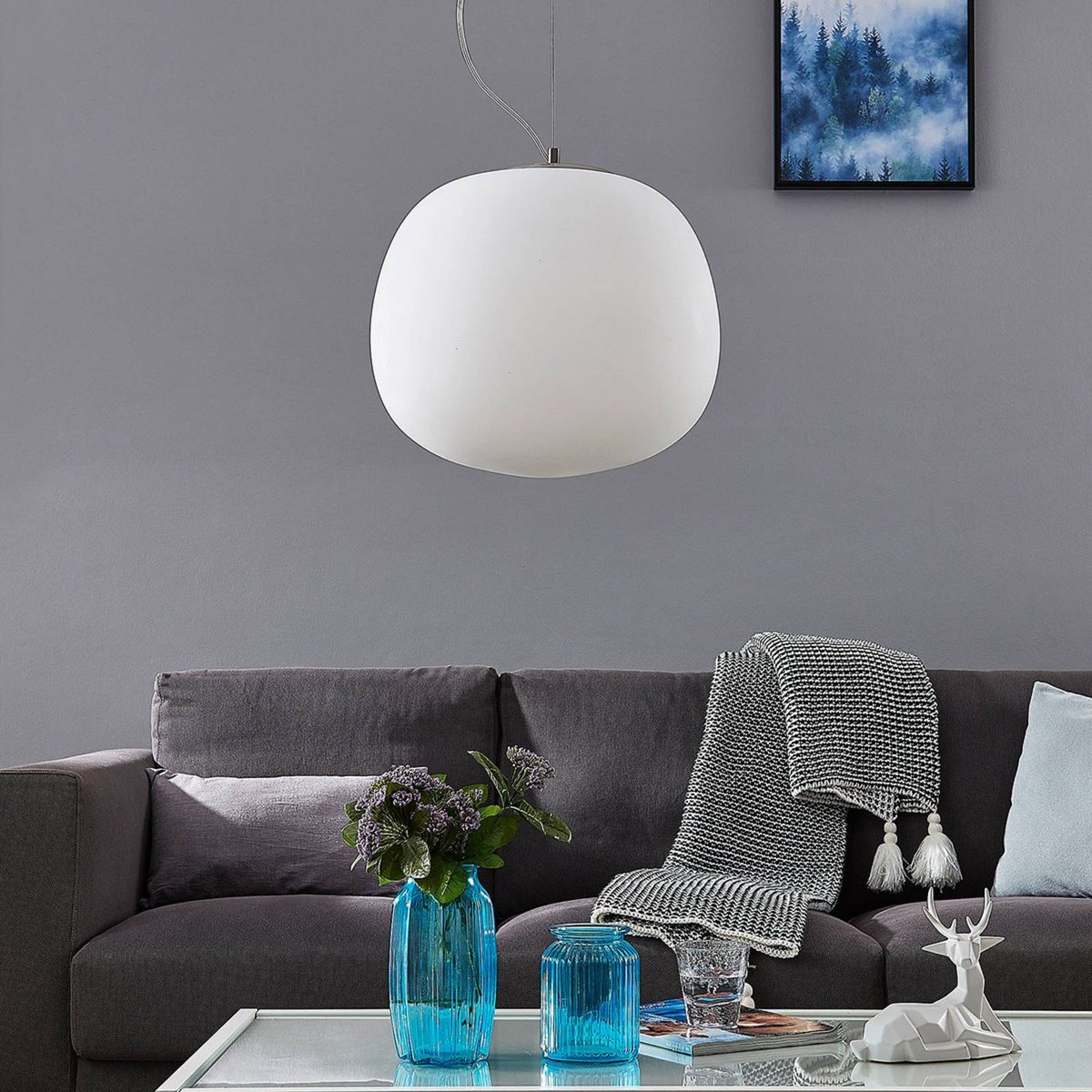 Suspension en verre moderne blanc, chrome, LINDBY