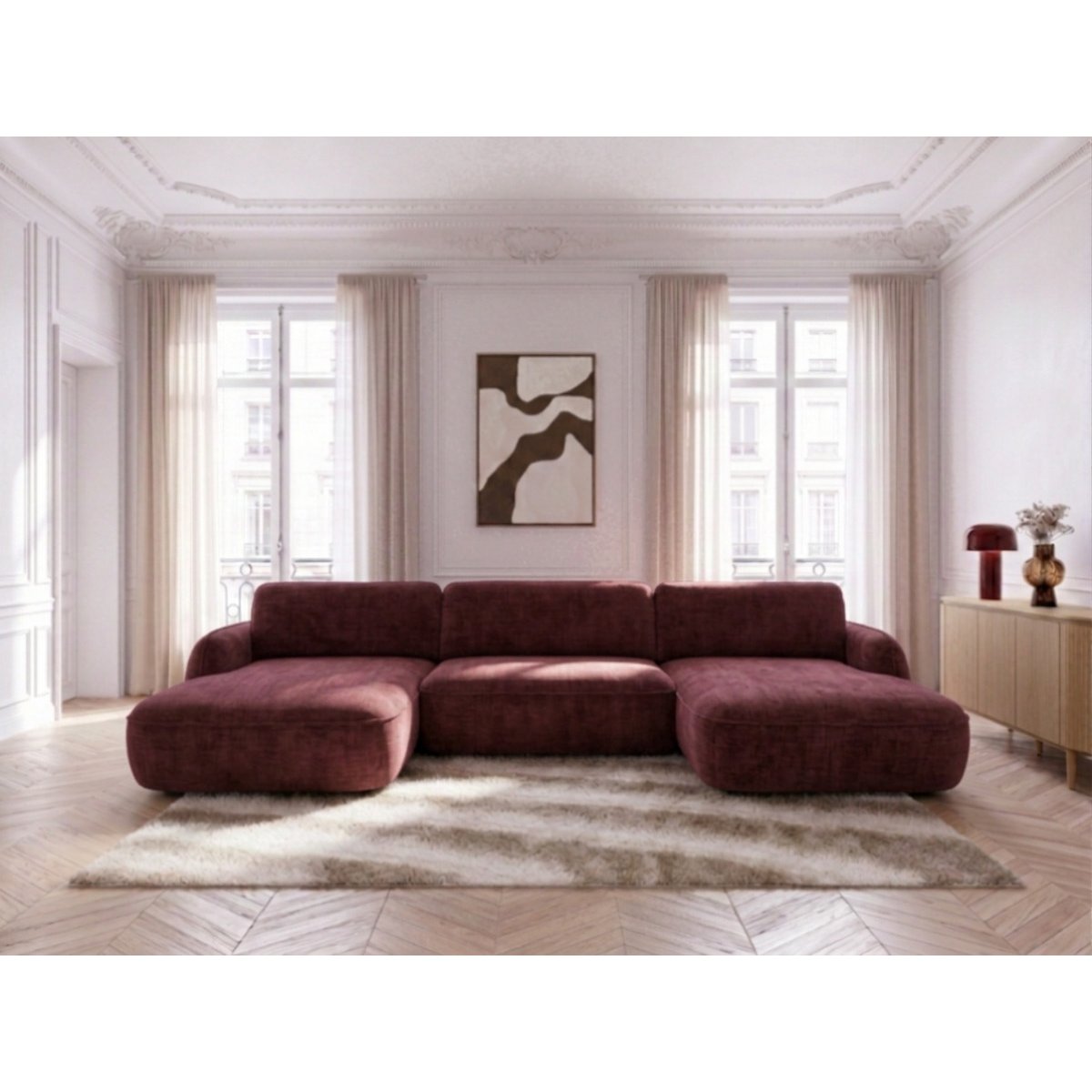 Canapé panoramique convertible 4 places en tissu chenille, CELESTE rouge, BOBOCHIC