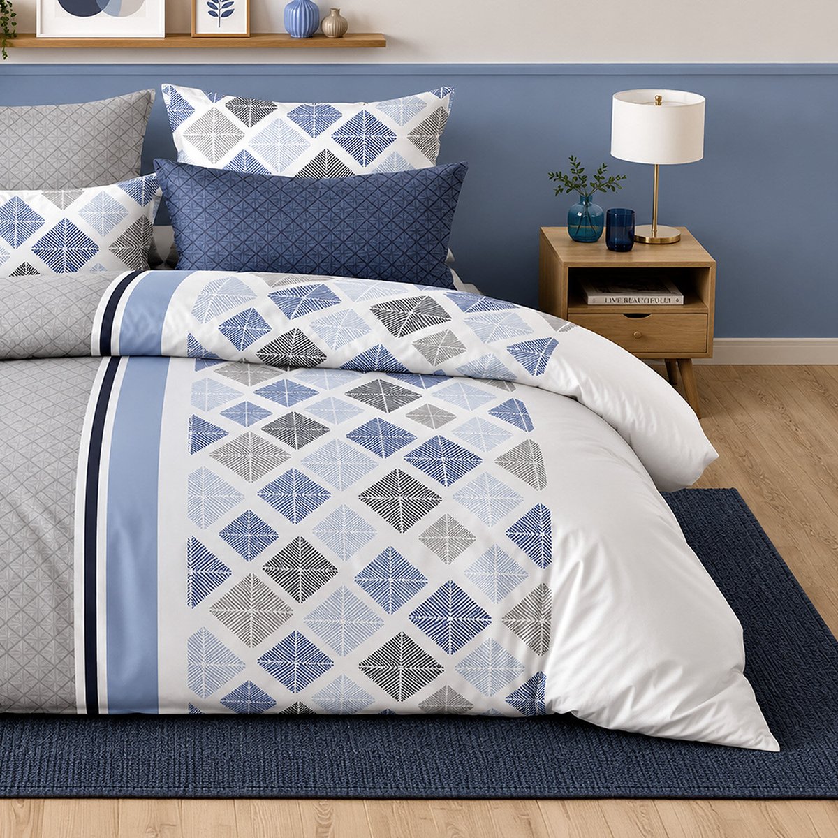 Parure de lit en percale de coton motif géométrique à losanges, BLEVARIS multicolore, ATELIER DU COTON