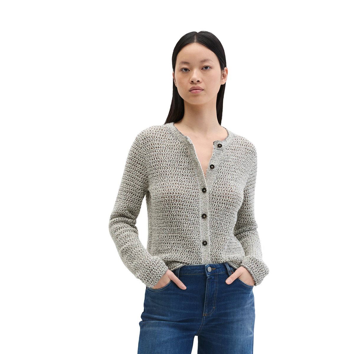 Cardigan regular en fil bicolore nature, MARC O'POLO