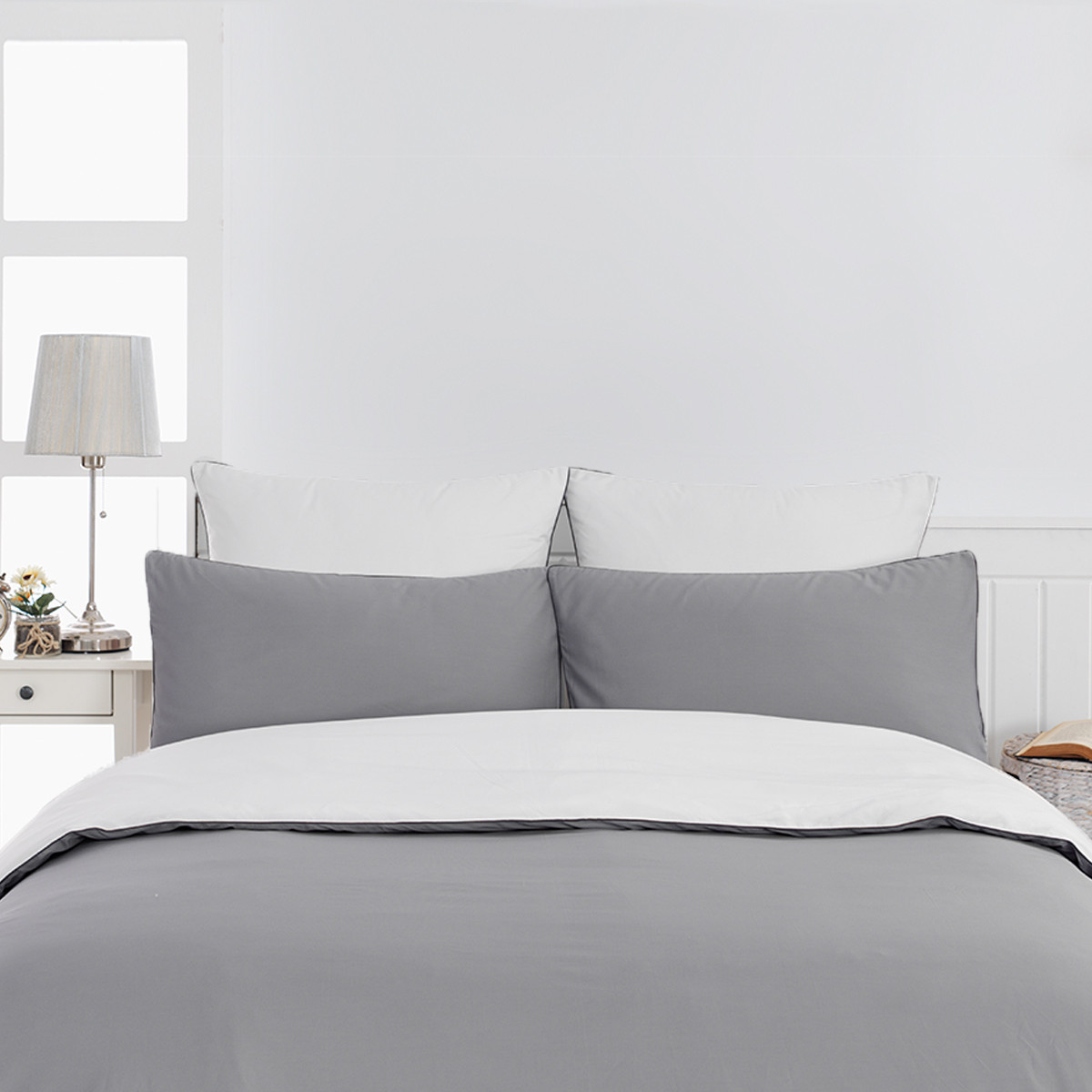Parure housse de couette bicolore + 2 taies 50x70 cm percale DOZMARY gris perle/blanc, SENSEI MAISON