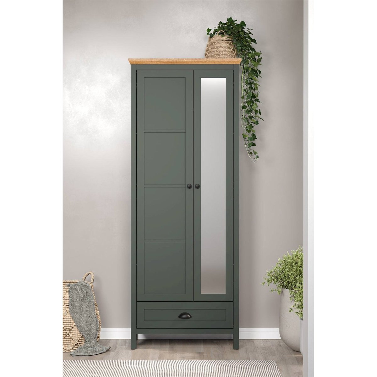 Armoire 2 portes avec miroir FOREELLS vert foncé et chêne evoke, RECOLLECTION