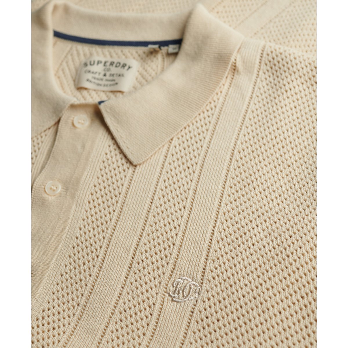 Polo en maille texturée à manches courtes beige avoine, SUPERDRY