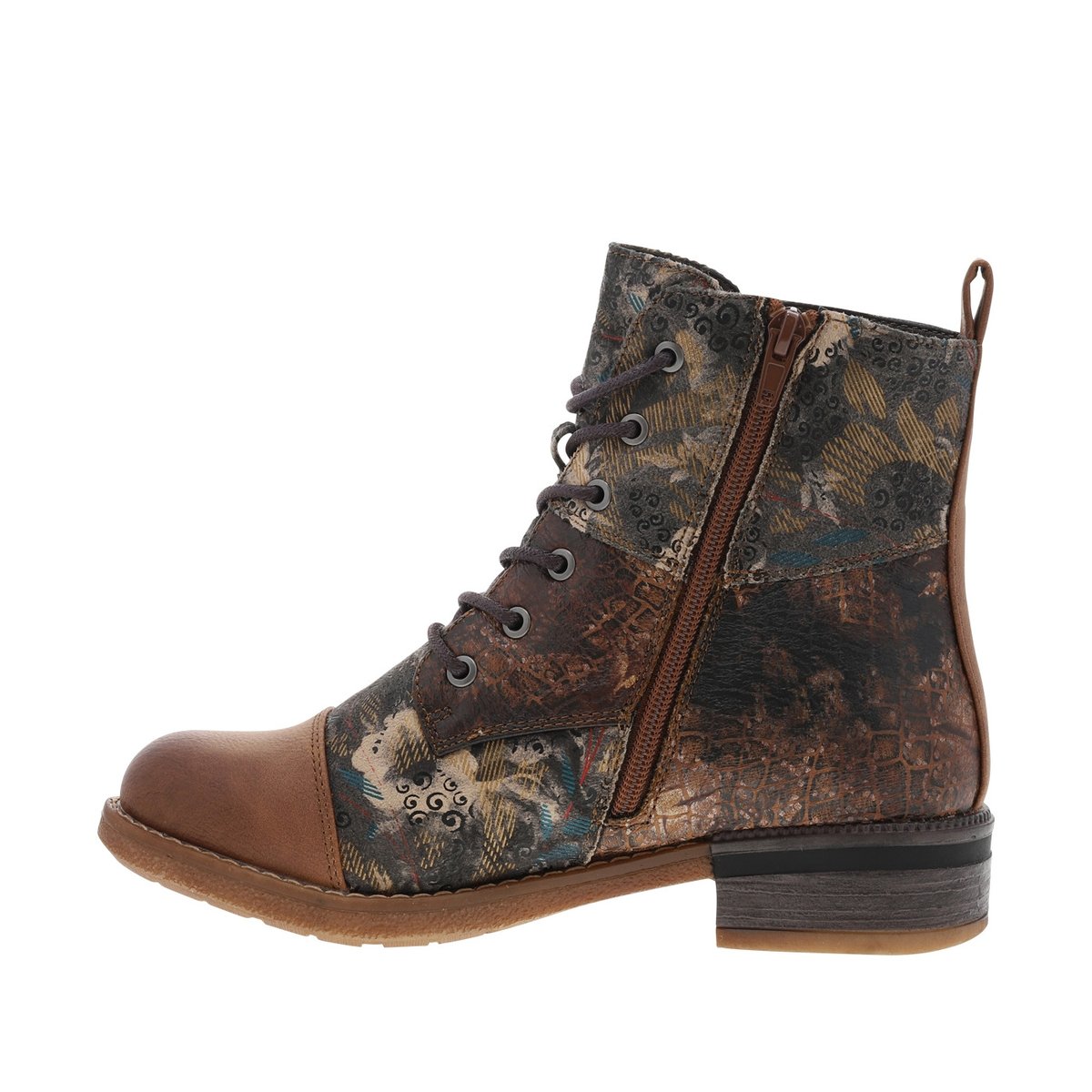 Bottines noisette avec imprimé à talon décroché bas avec lacets et zip latéral noisette, RIEKER
