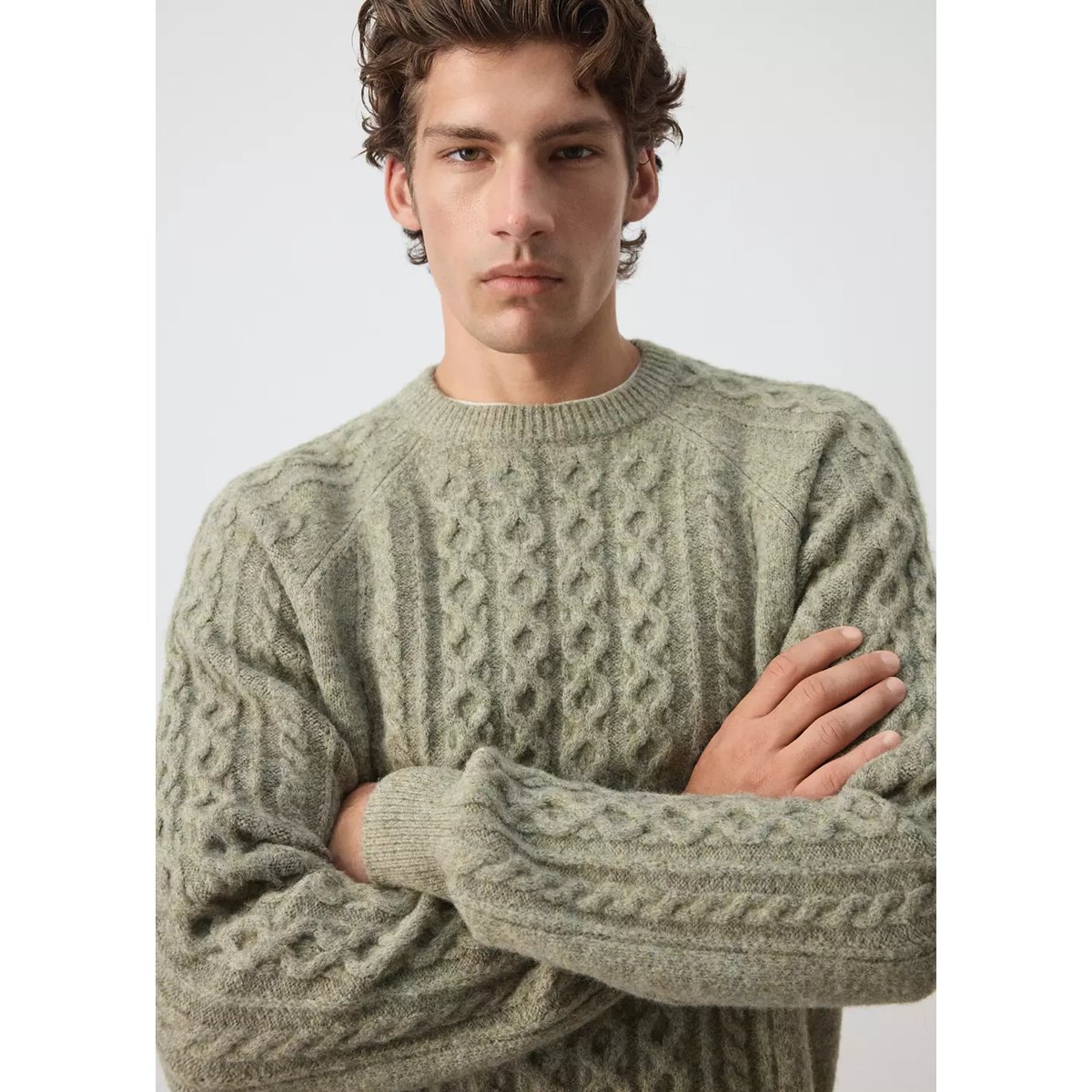 Pull-over maille tressée olive, MANGO MAN