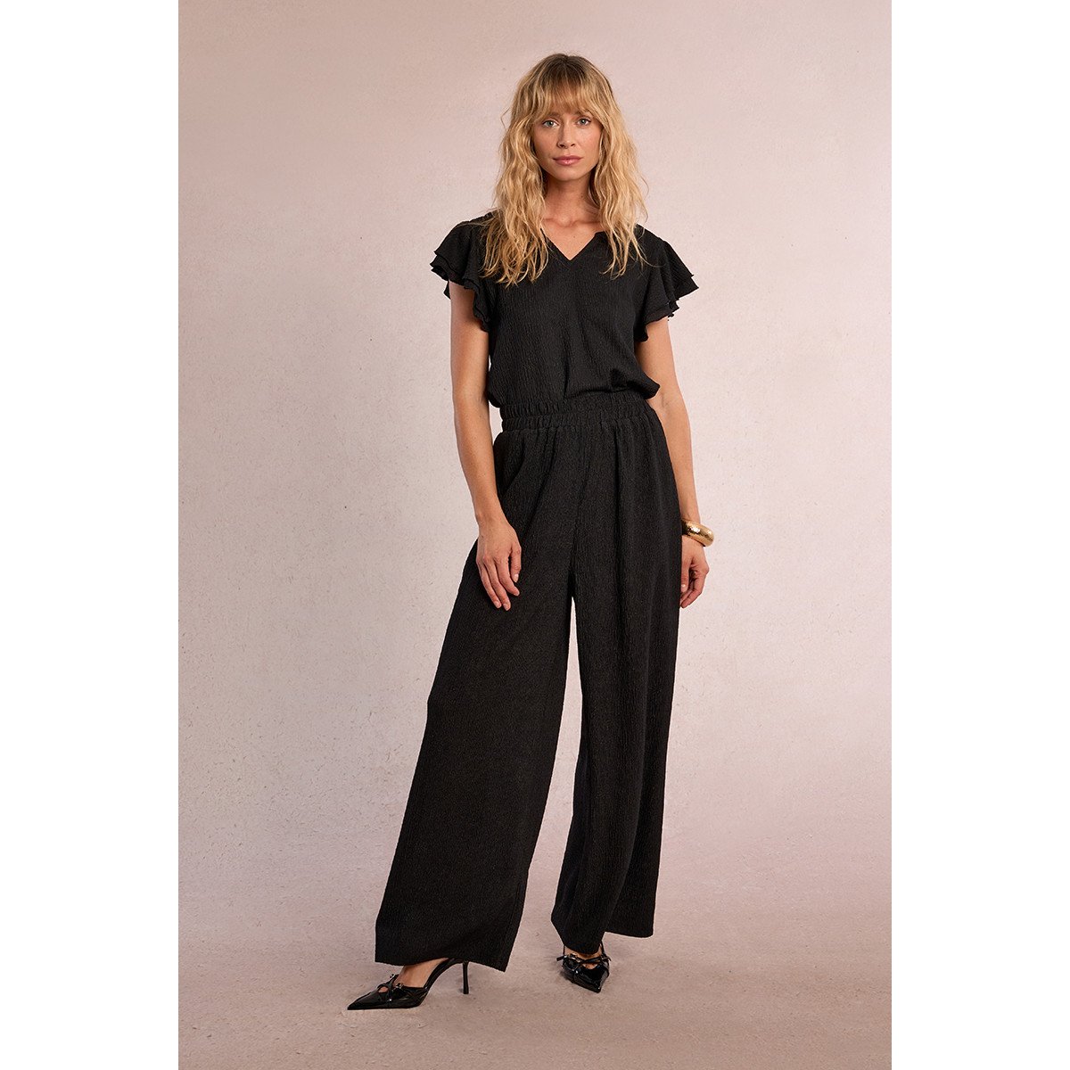 Pantalon droit et fluide en semi-transparence noir, MOLLY BRACKEN