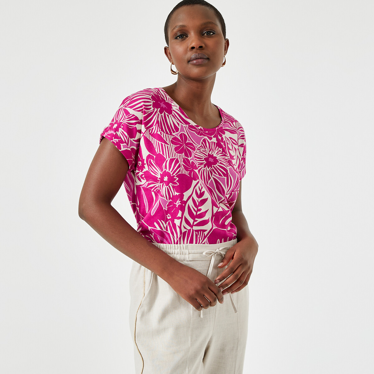 Floral Print T-Shirt with Crew Neck and Short Sleeves pink floral print, ANNE WEYBURN