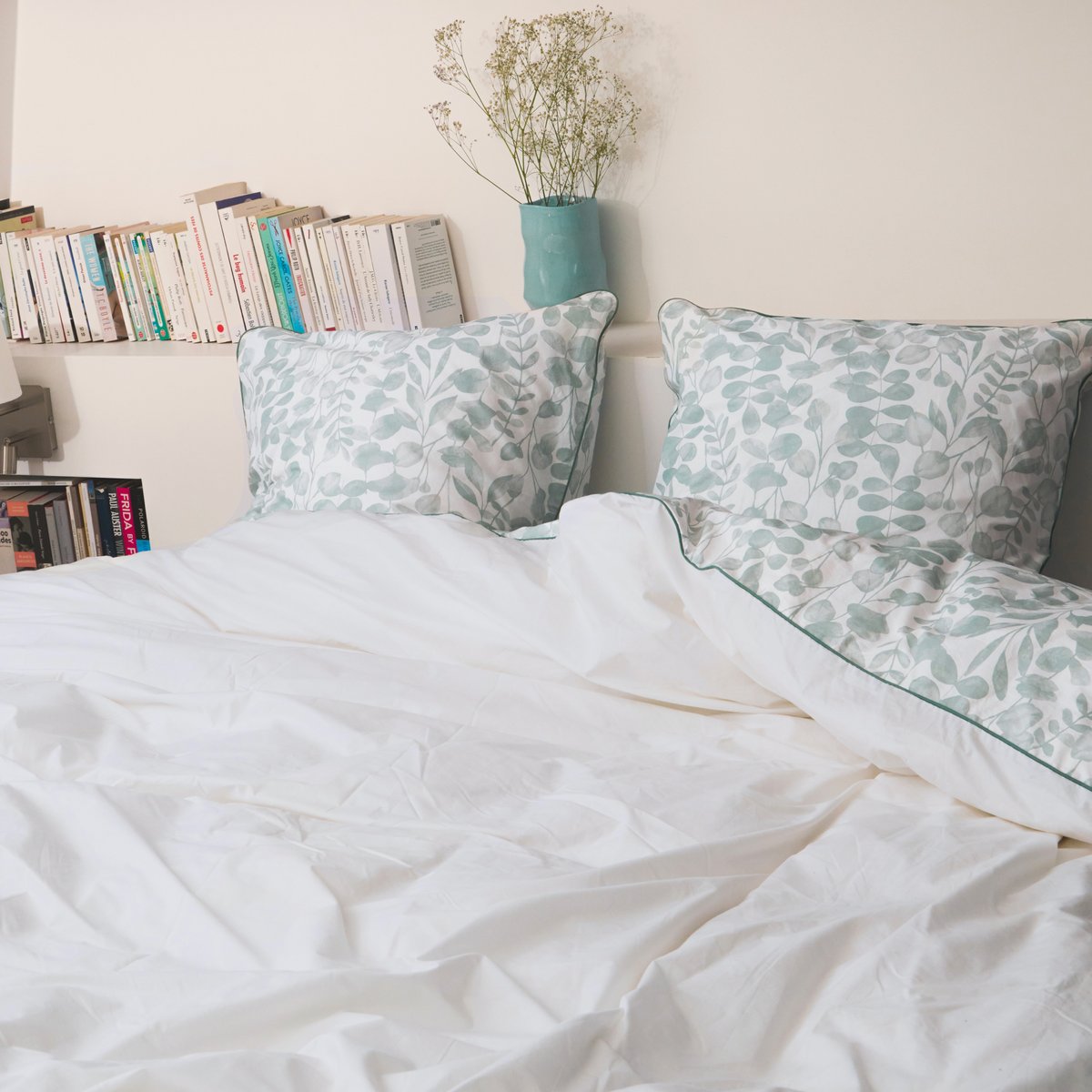Housse de couette en percale de coton lavé, HERBIER céladon, BLANC CERISE