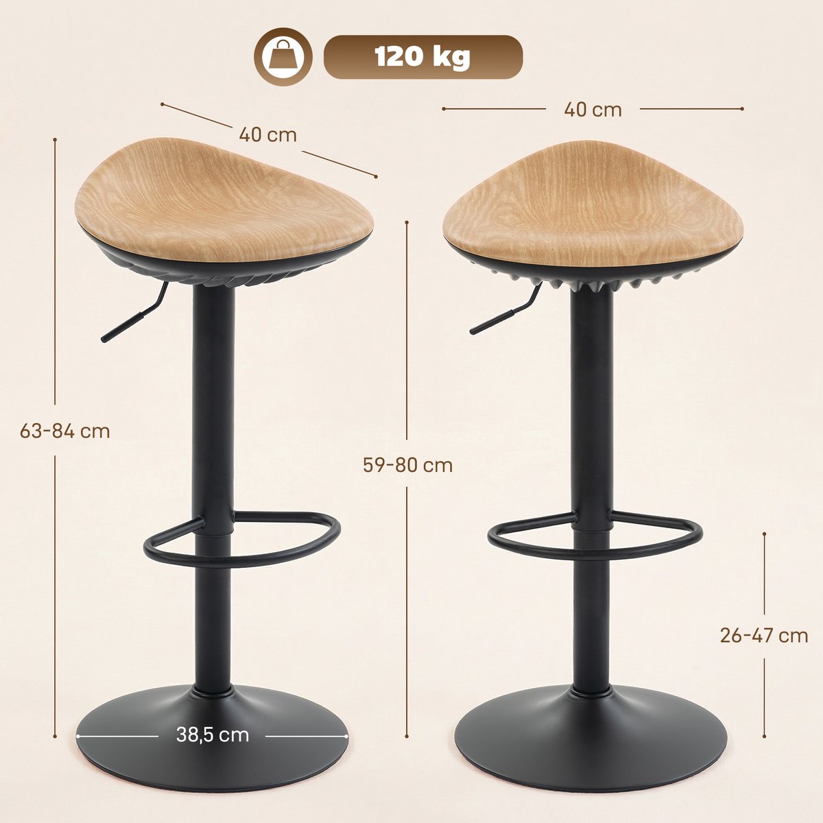 Tabouret de bar PU Chêne chêne, noir, HOMCOM
