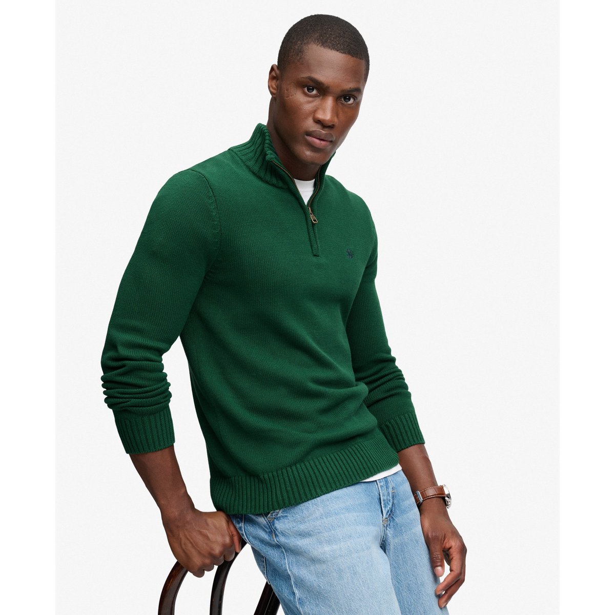 Pull Maille Demi-Zip Coupe Ajustée vert forêt, SUPERDRY