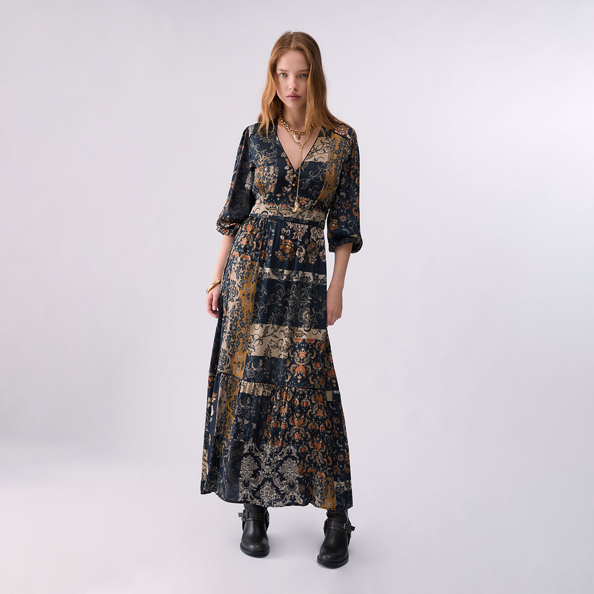 Robe longue avec volants imprimé à fleurs, LIU JO