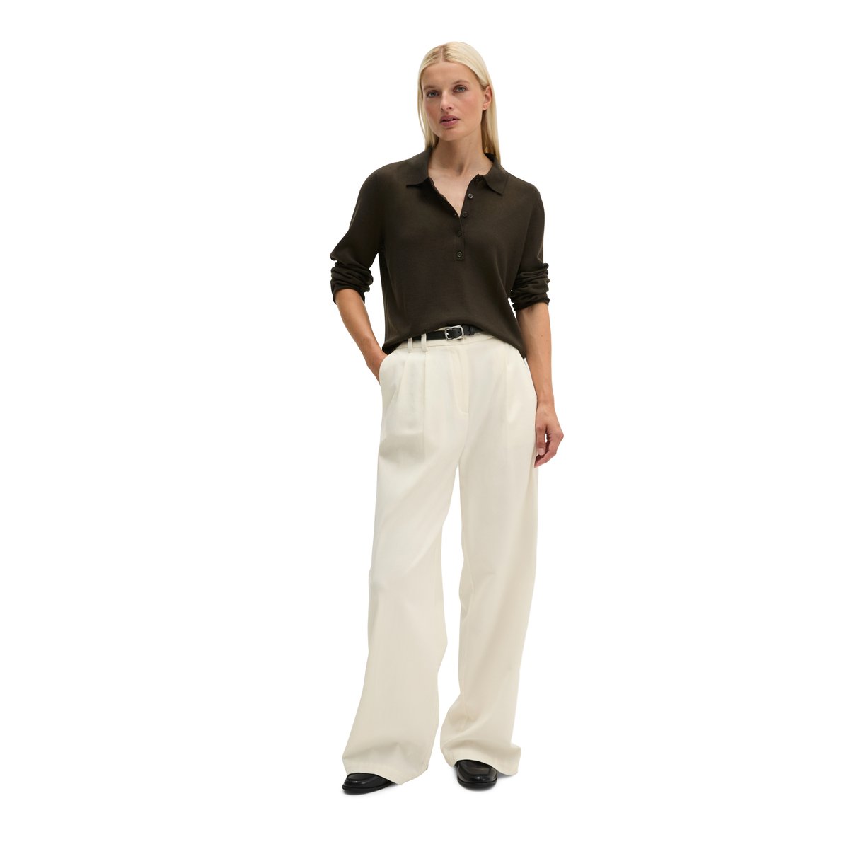 Polo en maille fine regular en fine laine mérinos brun foncé, MARC O'POLO