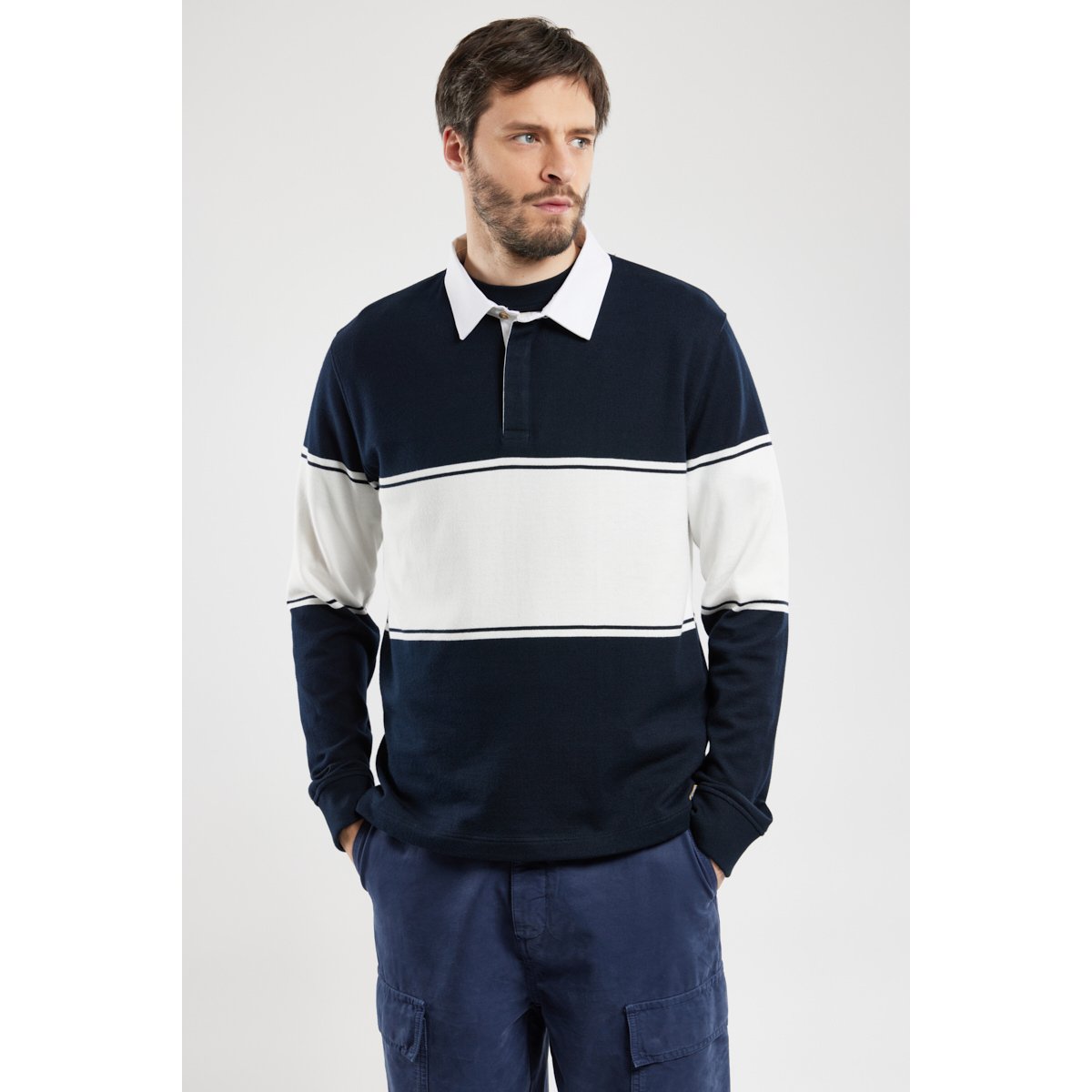 Sweat col polo en coton rustique rich navy/milk, ARMOR-LUX