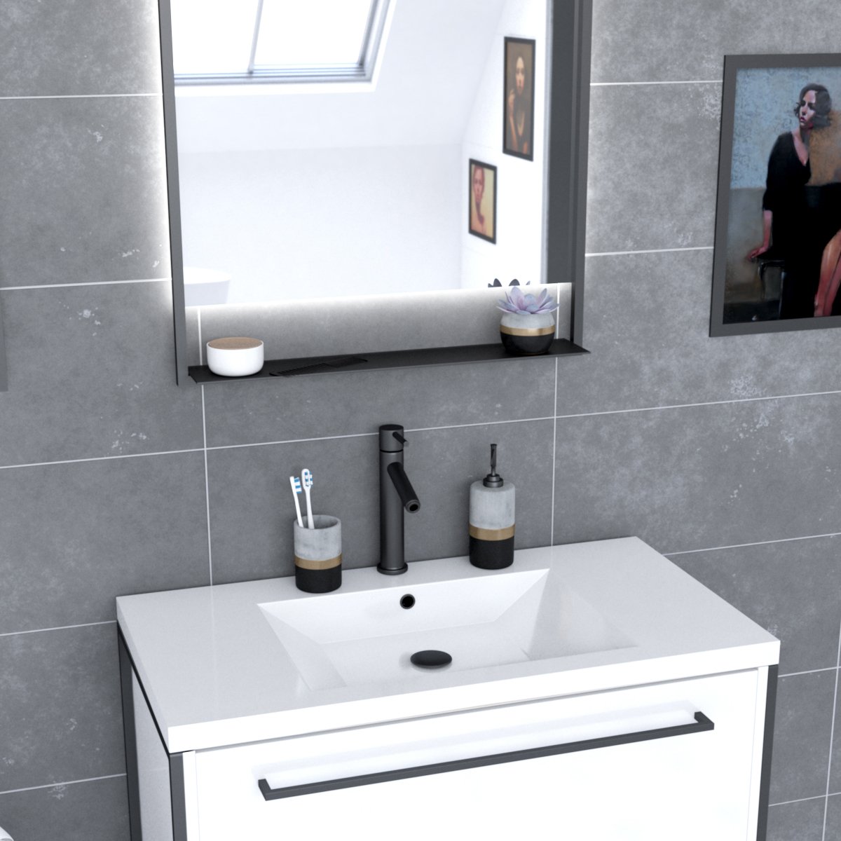 Pack caisson vasque et miroir à led blanc, HOME MAISON