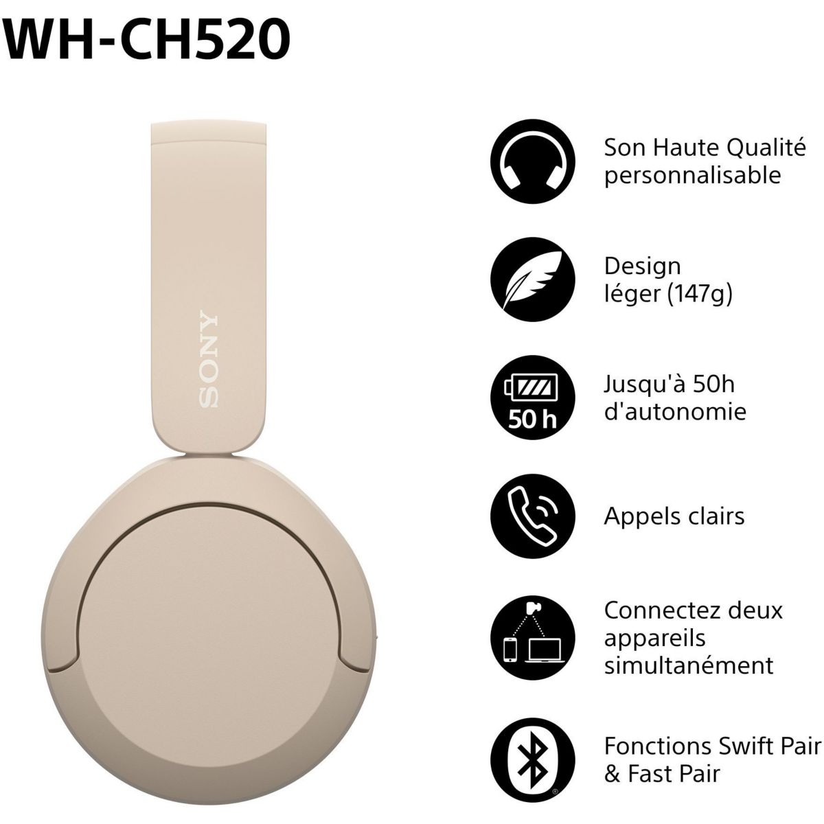 Casque WH-CH520 Crème beige, crème, SONY