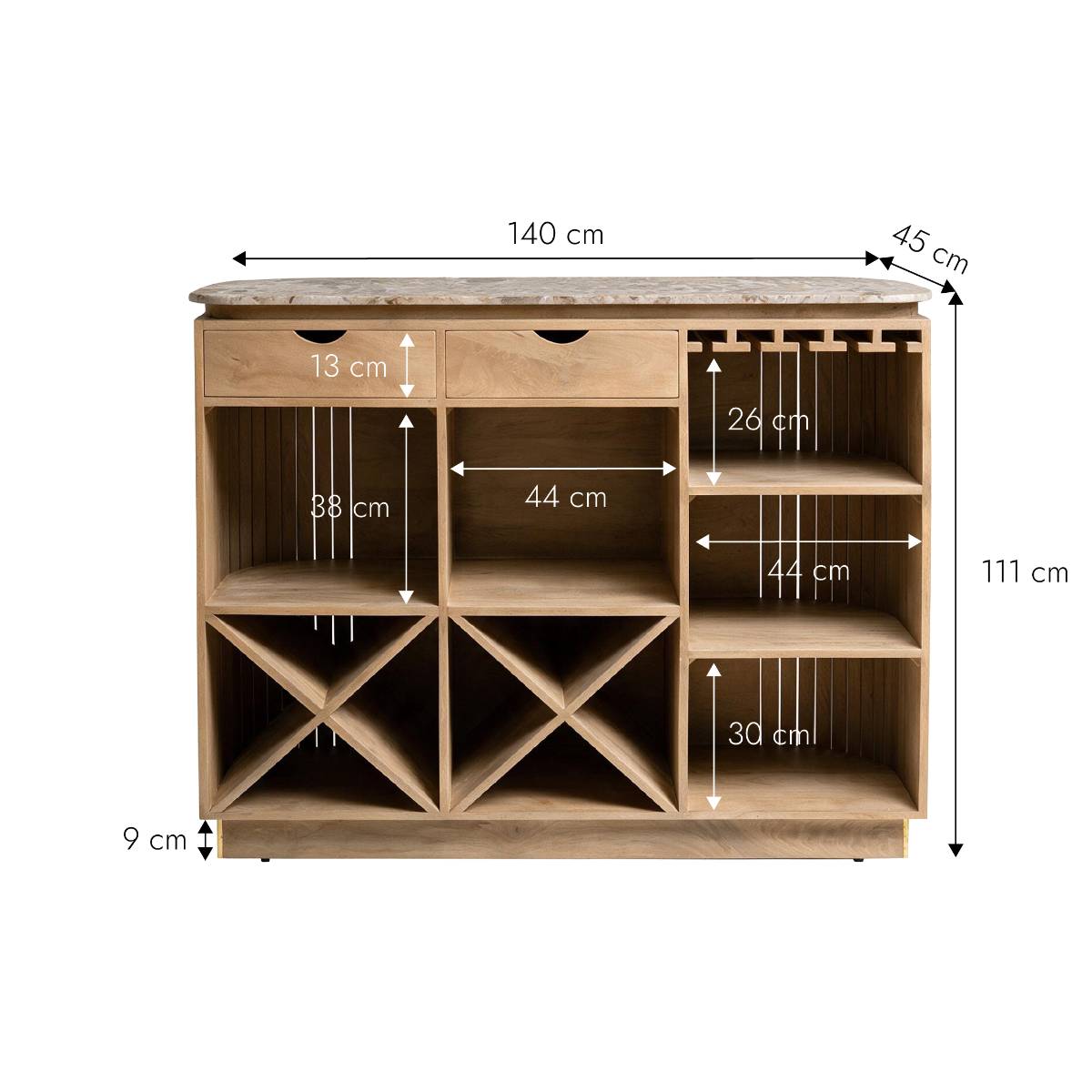 Bar en marbre et bois de manguier CYRÈNE bois clair, MADE IN MEUBLES
