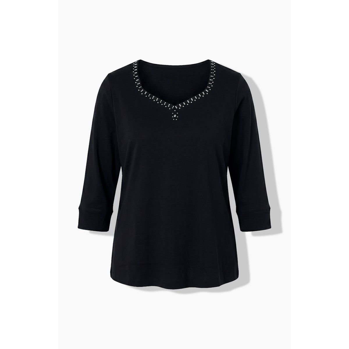 T-shirt en coton Pima, strass fantaisie noir, ULLA POPKEN